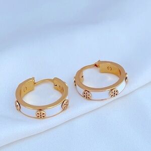 Tory Burch Miller Gold Stud White Enamel Hoop Earrings/ TB Dustbag NWT MSRP:$118